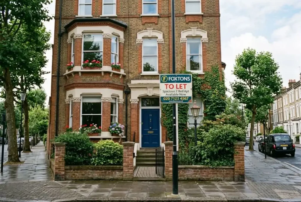 Vivienda en alquiler con cartel inmobiliario, representando los derechos de los inquilinos según el Renters' Rights Act 2026.