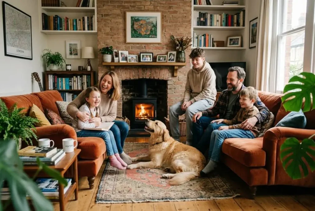 Familia reunida en una sala de estar acogedora junto a una chimenea encendida, creando un ambiente cálido y hogareño.